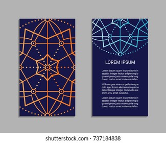 Flyer design inspired by sacred geometry. Vertical blanks with sacral geometric signs. Line art colorful brochure pattern. EPS 10 vector card templates.