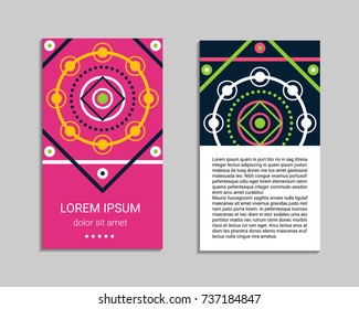 Flyer design inspired by sacred geometry. Vertical blanks with sacral geometric signs. Line art colorful brochure pattern. EPS 10 vector card templates.
