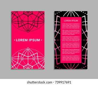 Flyer design inspired by sacred geometry. Vertical blanks with sacral geometric signs. Line art colorful brochure pattern.  Front and back pages. EPS 10 vector card templates.