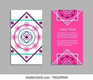Flyer design inspired by sacred geometry. Vertical blanks with sacral geometric signs. Line art colorful brochure pattern. EPS 10 vector card templates.
