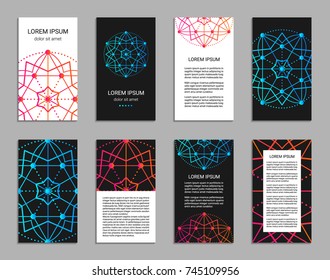 Flyer design inspired by sacred geometry. Vertical blanks with sacral geometric signs. Line art colorful brochure pattern.  Front and back pages. Clipping masks. EPS 10 vector card templates.