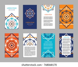 Flyer design inspired by sacred geometry. Vertical blanks with sacral geometric signs. Line art colorful brochure pattern.  Front and back pages. Clipping masks. EPS 10 vector card templates.