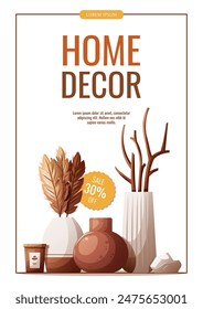 Diseño de volante con jarrones interiores.  Diseño de interiores, concepto de decoración del hogar. Ilustración vectorial para Anuncio, promoción, publicidad.