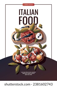 Flyer design with Italian bruschetta. Toasted bread with tomatoes, cheese, basil, balsamic vinegar. Italian food, healthy eating, cooking, recipes, restaurant menu concept. Vector illustration.