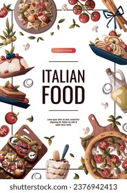 Flyer design with Italian pizza, pasta, bruschetta, lasagna, olive oil. Italian food, healthy eating, cooking, recipes, restaurant menu concept. Vector illustration for banner, promo, poster.