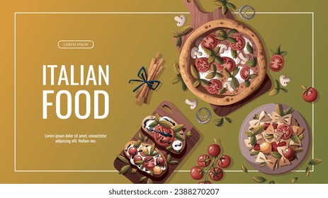 Flyer design with Italian pizza, pasta, bruschetta, tomatoes. Italian food, healthy eating, cooking, recipes, restaurant menu concept. Vector illustration for banner, promo, poster.