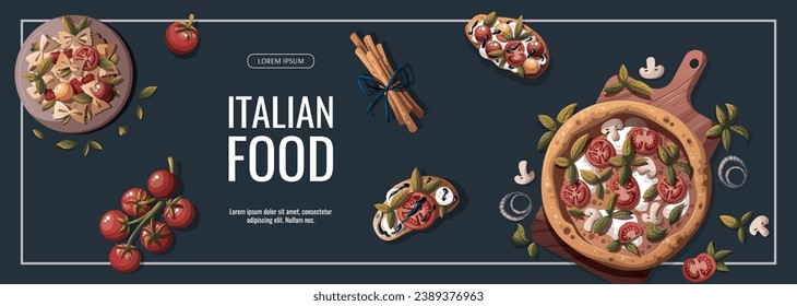 Flyer design with Italian pizza, pasta, bruschetta, tomatoes. Italian food, healthy eating, cooking, recipes, restaurant menu concept. Vector illustration for banner, promo, poster.