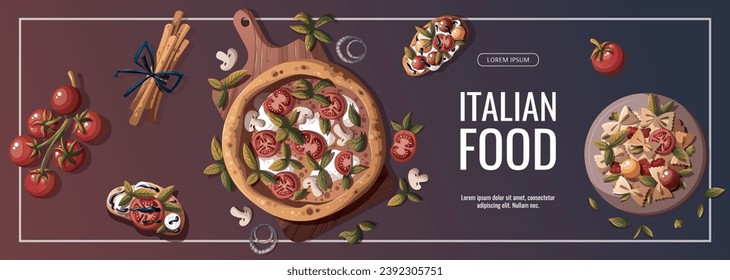 Flyer design with Italian pizza, pasta, bruschetta, tomatoes. Italian food, healthy eating, cooking, recipes, restaurant menu concept. Vector illustration for banner, promo, poster.