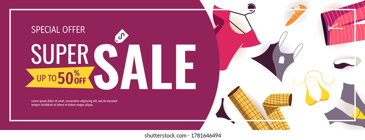 Flyer design with items of clothing.  Shopping, Clothing store, Supermarket, Order online, Sale, Black friday concept. Vector illustration for poster, banner, flyer, advertising, promo, commercial.