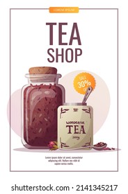 Diseño de volante con jarras de té suelto. Tienda de té, cafetería, amante del té, fiesta, bebidas, concepto de cocina. A4 ilustración vectorial para afiches, banner, portada, volante, menú, publicidad. 