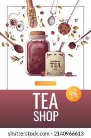 Flyer design with Jars, spoons and scoop of loose tea, strainer. Tea shop, cafe-bar, tea lover, tea party, kitchen concept. A4 vector illustration for poster, banner, flyer, menu, advertising. 