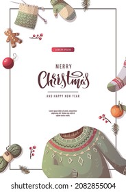Diseño de volante con sudaderas de punto, calcetín y migaja. Ropa cálida, Feliz Navidad, invierno acogedor, Año Nuevo, comodidad en casa, concepto de vacaciones. Ilustración vectorial A4 para afiches, banner, portada, tarjeta.