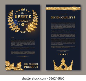 Flyer design layout template. Vector illustration. Business brochure with golden laurel wreath and gold confetti on dark background. Olive branches and Crown.