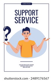 Flyer design with man with huge question icon. Flat style vector illustration for promo, banner. Education, studying, decision, support, confusion, choice, dilemma, problem concept.