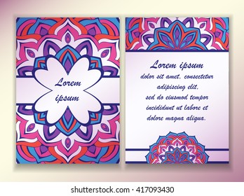 Flyer with the design of the mandala in the oriental style. Template size A4, A5. Ready to Print. Front page and back page.