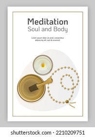 Diseño de volante con atributos de meditación, tazón de canto, rosario, vela. Ilustración vectorial A4 para afiches, banner, publicidad. Para la meditación, el yoga y la relajación. Ilustración para banner, portada de libro