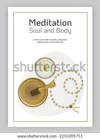 Flyer design with meditation attributes, singing bowl, rosary, candle. A4 vector illustration for poster, banner, advertising. For meditation, yoga and relaxation. Illustration for banner, book cover