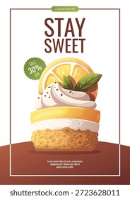 Diseño de volante con Mini Cheesecake con Limón. Comida dulce, postre, hornear, concepto de cocina. Ilustración vectorial para el Anuncio, promoción, venta, menú, publicidad.