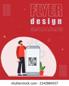 Flyer design for mobile app information, man standing near mobile phone, flat vector illustration