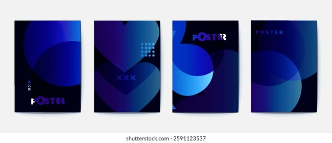 Flyer design, Modern gradient poster background vector set. Minimalist cover template with vibrant perspective geometric prism shapes.