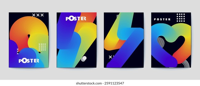 Flyer design, Modern gradient poster background vector set. Minimalist cover template with vibrant perspective geometric prism shapes.