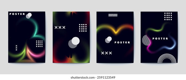 Flyer design, Modern gradient poster background vector set. Minimalist cover template with vibrant perspective geometric prism shapes.