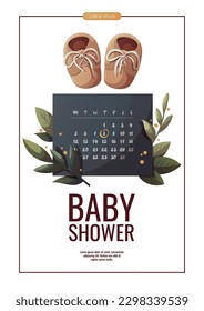 Flyer design with monthly calendar and baby shoes. Planning, childbirth, baby waiting, baby waiting concept. A4 vector illustration for poster, banner, flyer, advertising.