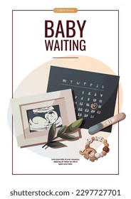 Flyer design with monthly calendar, ultrasound baby picture, pregnancy test. Baby waiting, pregnancy, sonogram concept. A4 vector illustration for flyer, poster, banner, advertising.
