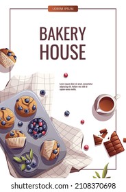 Flyer design with muffins. Baking, bakery shop, cooking, sweet products, dessert, pastry concept. A4 vector illustration for poster, banner, cover, menu, card, flyer.