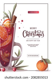 Diseño de volante con vino tinto, naranja. Feliz Navidad, acogedor invierno, Año Nuevo, concepto de vacaciones. A4 Ilustración vectorial para afiches, banner, volante, invitación, portada.
