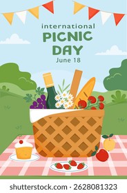 Flyer design for National Picnic Day. Picnic poster. Fruits, French baguette, flowers, wine bottle in wicker basket for summer eating at nature. Vector illustration for poster, card, banner.