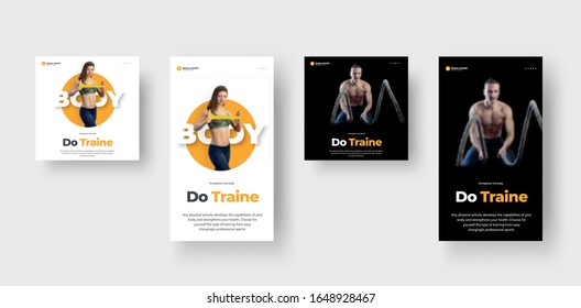 Flyer design on a black and white background, with a girl and a guy, on the theme of sports and nutrition. Banner template for stories and post. Personal trainer and nutritionist.