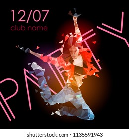 Flyer design: party invitation with dancing girl in low poly style