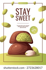 Diseño de volante con barras de chocolate Pistachio. Comida dulce, postre, concepto de horneado. Ilustración vectorial para el Anuncio, promoción, venta, menú, publicidad.