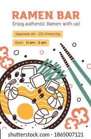 Flyer design with place for text for Asian cuisine restaurant. Leaflet template for Japanese food cafe depicting bowl of ramen or noodle soup with chopsticks. Flat vector illustration.