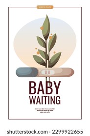 Flyer design with Positive pregnancy test. Baby waiting, maternity, motherhood, medicini, fecundation, child expectation. A4 vector illustration for poster, banner, flyer, advertising.