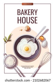Flyer design with process of baking. Whipping cream with a whisk. Baking, bakery shop, cooking, sweet products, dessert, pastry concept. A4 vector illustration for poster, banner, menu, cover.