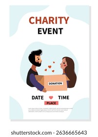 Flyer design promoting a charity event with illustrated couple holding a donation box, showing love and community support.