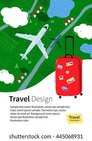 Flyer design with red travel bag, plane, clouds and rural landscape above.