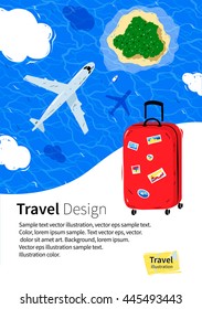 Flyer design with red travel bag and plane flying near clouds above sea water and island.
