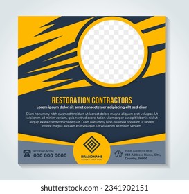 A flyer design for a restoration contractors, home for sale social media post, square real estate layout design, living web banner template, property company with photo space. purple and yellow colors
