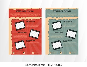 Flyer design of Retro movie festival event template use vertical layout. square shape like a photo film for space of photo collage. red and blue variation which can be selected. paper cut style. 