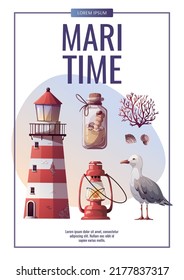 Flyer design with Sand bottle, seagull, lighthouse, corals, kerosene lamp. Maritime, sea coast, marine life, nautical concept. Vector illustration. Flyer, cover, banner template.