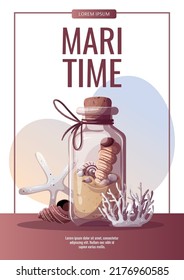 Flyer design with sand bottle, seashells, corals, starfish. Maritime, sea coast, marine life, nautical concept. Vector illustration. Flyer, cover, banner template.