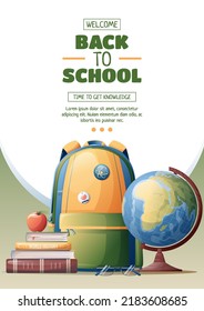 Flyer design with school backpack, globe and textbooks. School time, back to school, education. Flyer, poster, banner size a 4