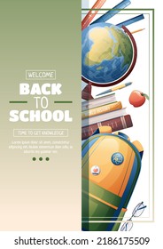 Flyer design with school backpack, globe and textbooks. School time, back to school, education. Flyer, poster, banner size a 4