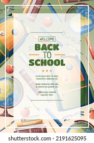 Flyer design with school backpack, globe and textbooks. School time, back to school, education. Flyer, poster, banner size a 4