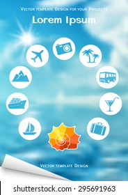 Flyer design with sea shell and travel icons on blurred background