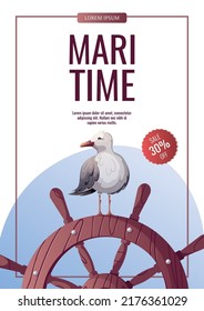 Flyer design with seagull standing on the ship's steering wheel. Maritime, marine life, nautical concept. Vector illustration. Flyer, banner, cover template.