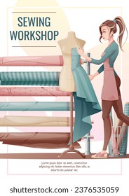 Flyer design with seamstress. Banner poster with a girl creating clothes on a mannequin. Work in a sewing workshop, atelier, tailoring courses